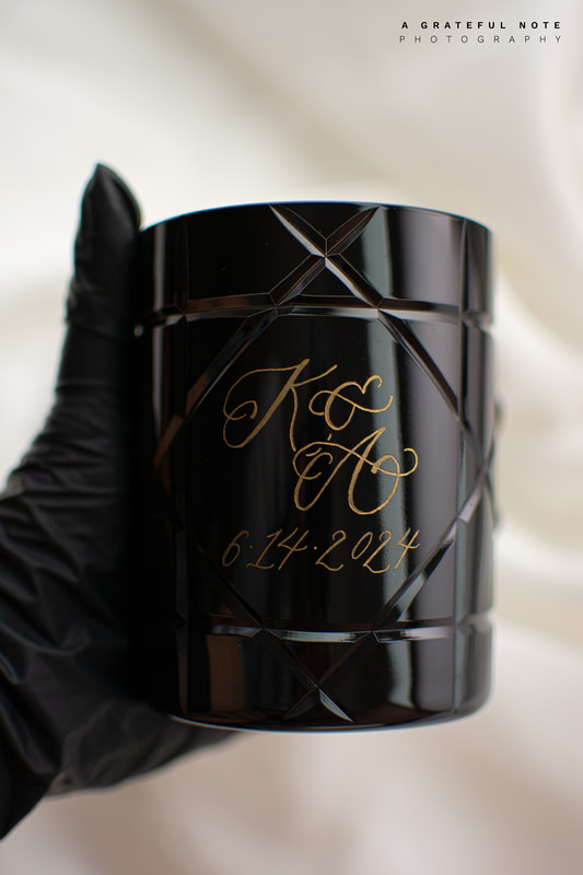 Custom Calligraphy Monogram and wedding date Engraving on Résines Boisées Scented Candle.