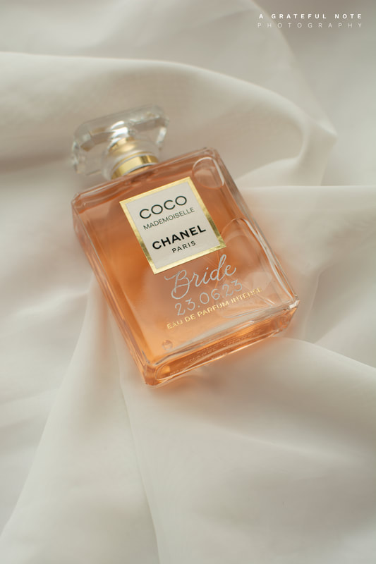 Coco Mademoiselle Chanel Paris Perfume Bottle Engraving with Calligraphy says: Bride & Wedding Date with Silver Rub "n" Buff