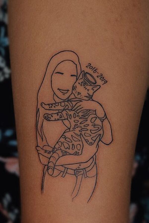 Girl holding a cat memorial tattoo in Minimalist Line Drawing Style