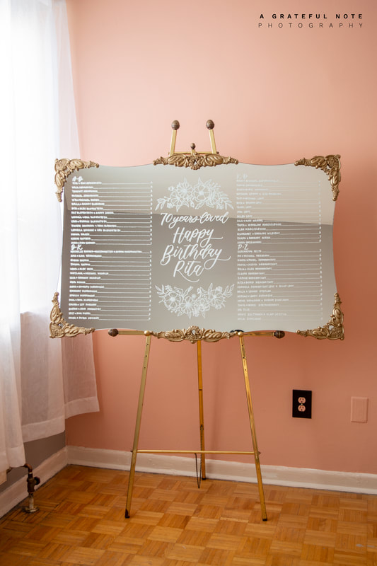 Toronto Vintage Gold Frameless Mirror Rental for Weddings and Event, Wedding Seating Chart on Mirror with Calligraphy