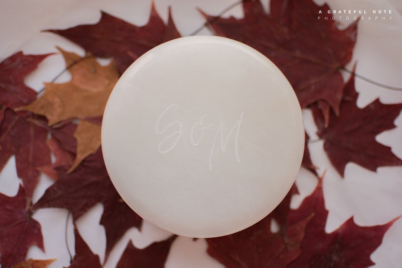 C2B Large Alabaster Stone Candle Lid with Custom Calligraphy Engraving of Couples' Initial S & M.