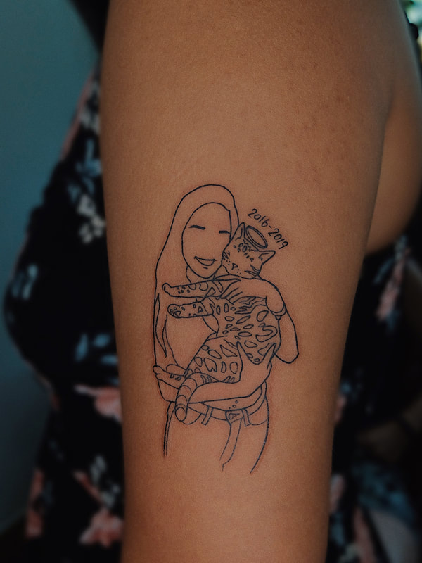 Girl holding Bengal Cat Portrait Drawing in Fine Line Illustration style Tattoo