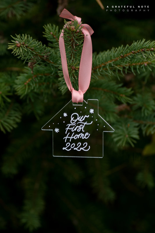 Clear Modern House Acrylic Ornament with custom first home and year, pink ribbon, stars embellishments