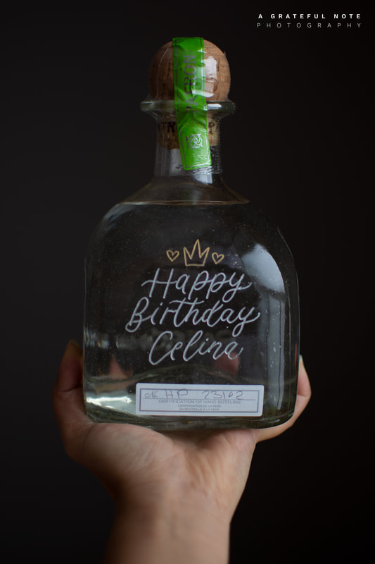 Patron Tequila Bottle with Calligraphy Engraving "Happy Birthday Celina" in Silver and Engraved Crown & Hearts in Gold