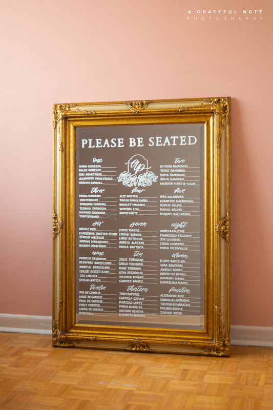 Wedding Seating Chart on a Royal Vintage Gold Framed Mirror in Toronto