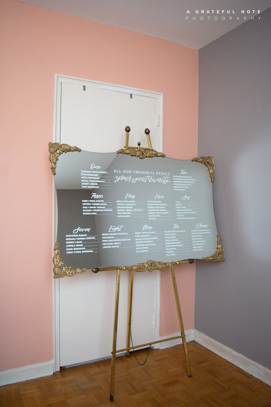 Custom Calligraphy Extra-Large Seating Chart on Vintage Gold Framed Mirror for Toronto Wedding.