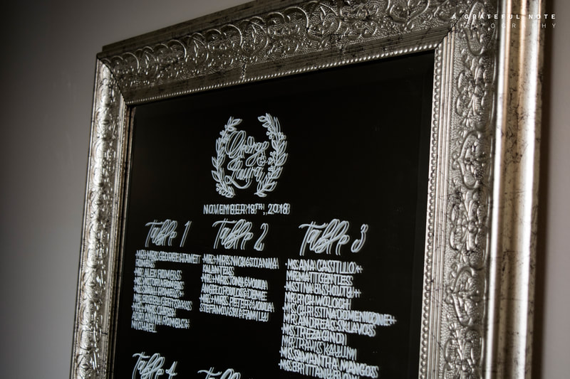Custom Calligraphy Header for Extra-Large Seating Chart on Full Length Gold Framed Mirror 