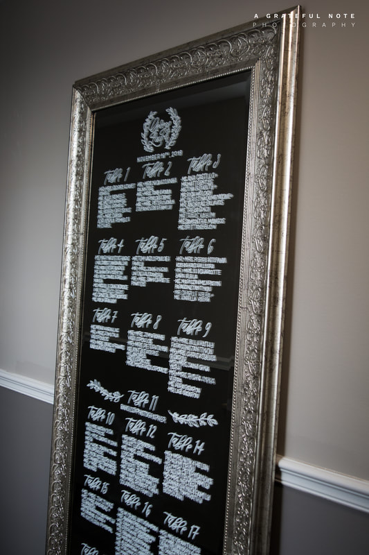 Custom Calligraphy Extra-Large Seating Chart on Full Length Gold Framed Mirror - Close Up