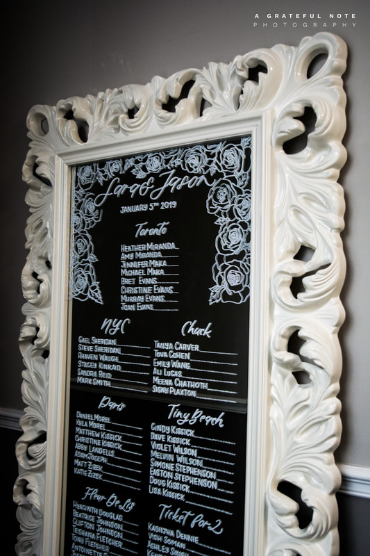 Custom Calligraphy Extra-Large Seating Chart on Full Length White Framed Mirror - Close Up